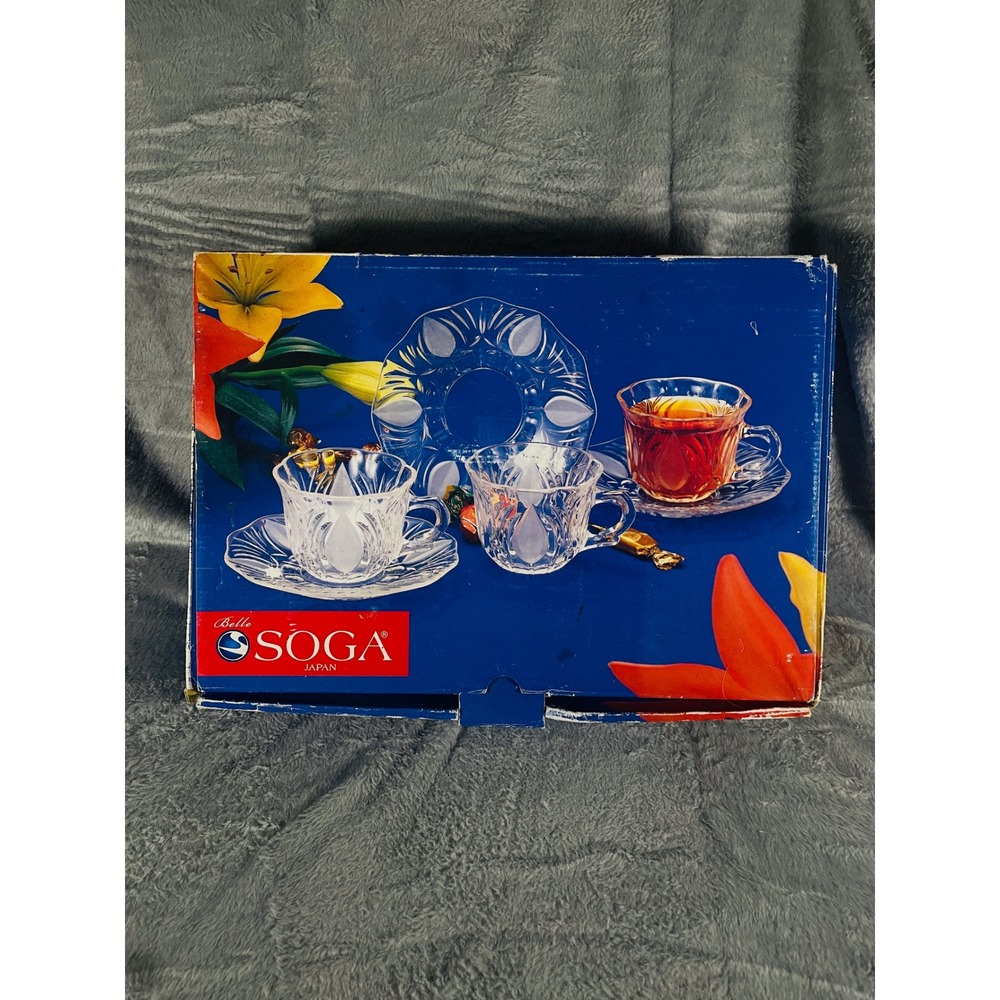 Elegant SOGA Japan Glass Cup & Saucer Set Clear Glass Vintage‎ 12 Pc Set